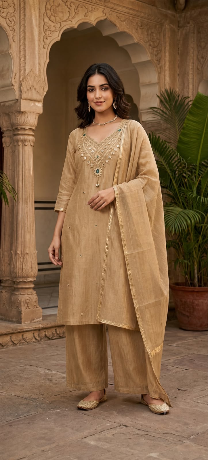 Instagram trending soft golden Embroidered Kurta Set – Understated Elegance for Every Occasion