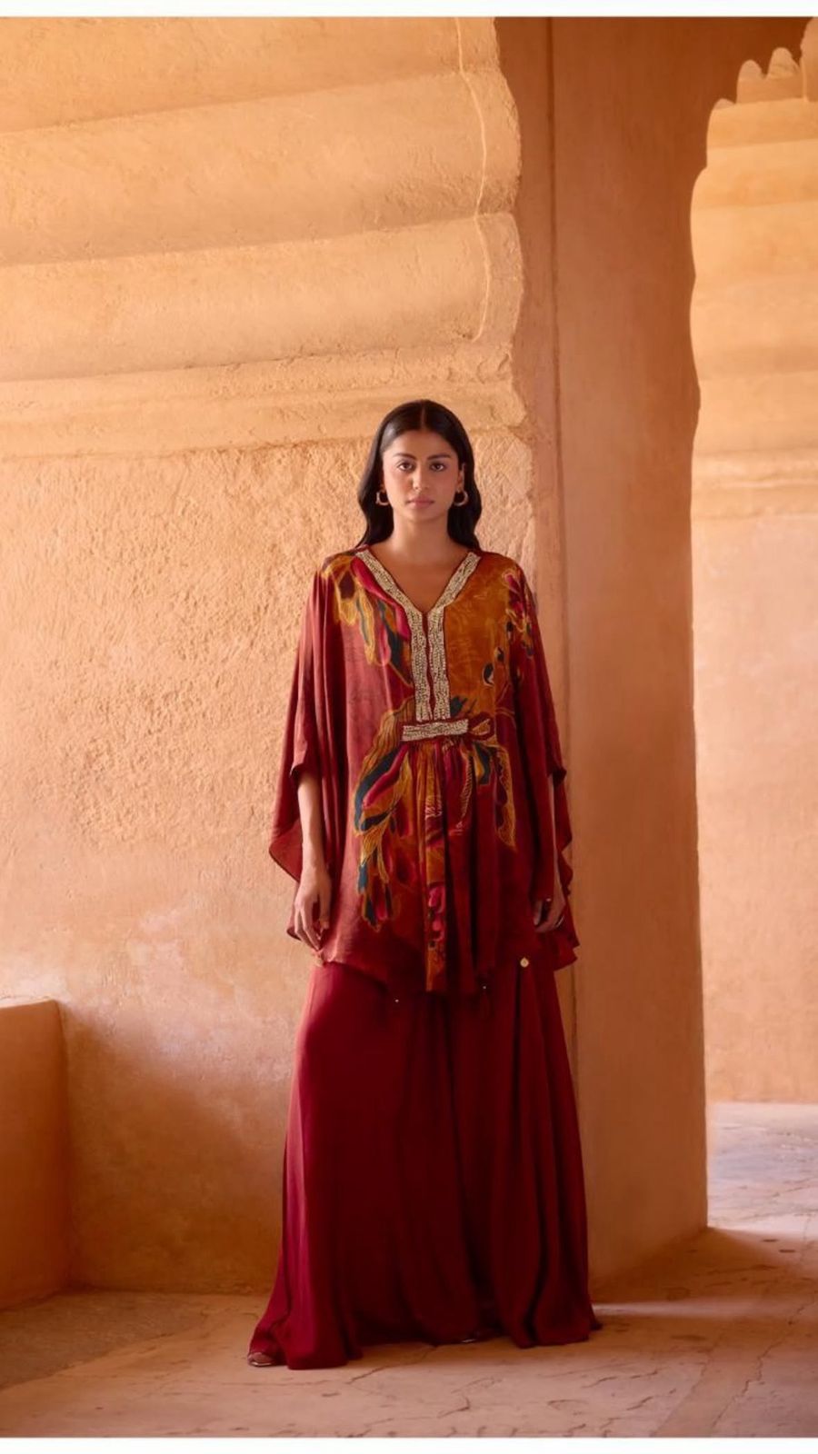 D'MAYE Wine red printed party wear Kaftan coord set