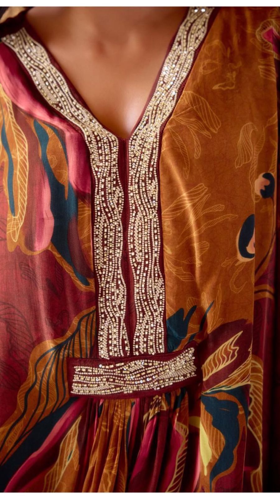 D'MAYE Wine red printed party wear Kaftan coord set