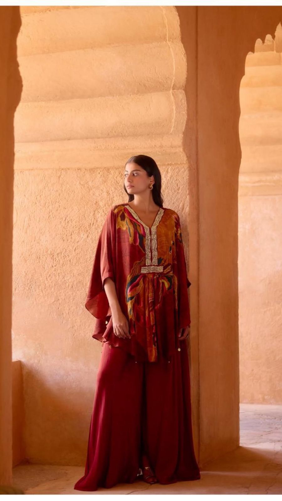D'MAYE Wine red printed party wear Kaftan coord set