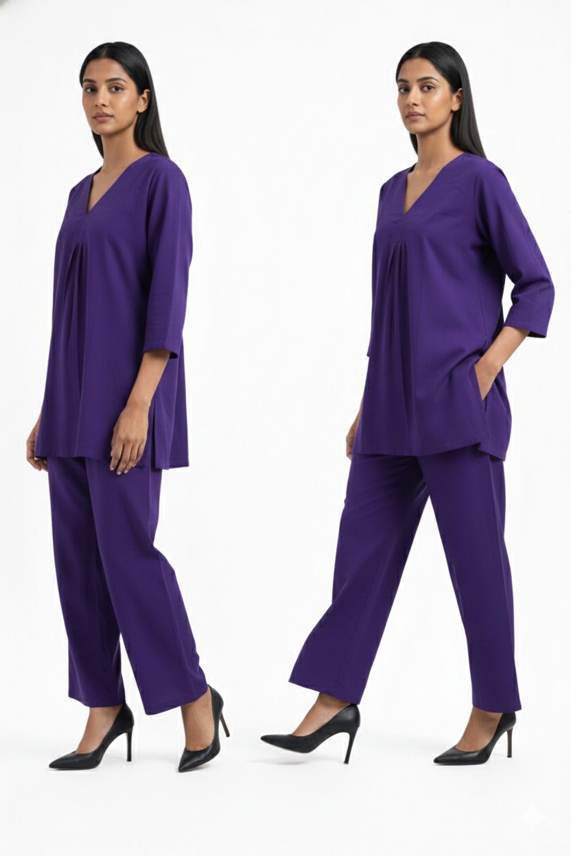 DMAYE Royal Purple V-Neck Kurta Pant Set