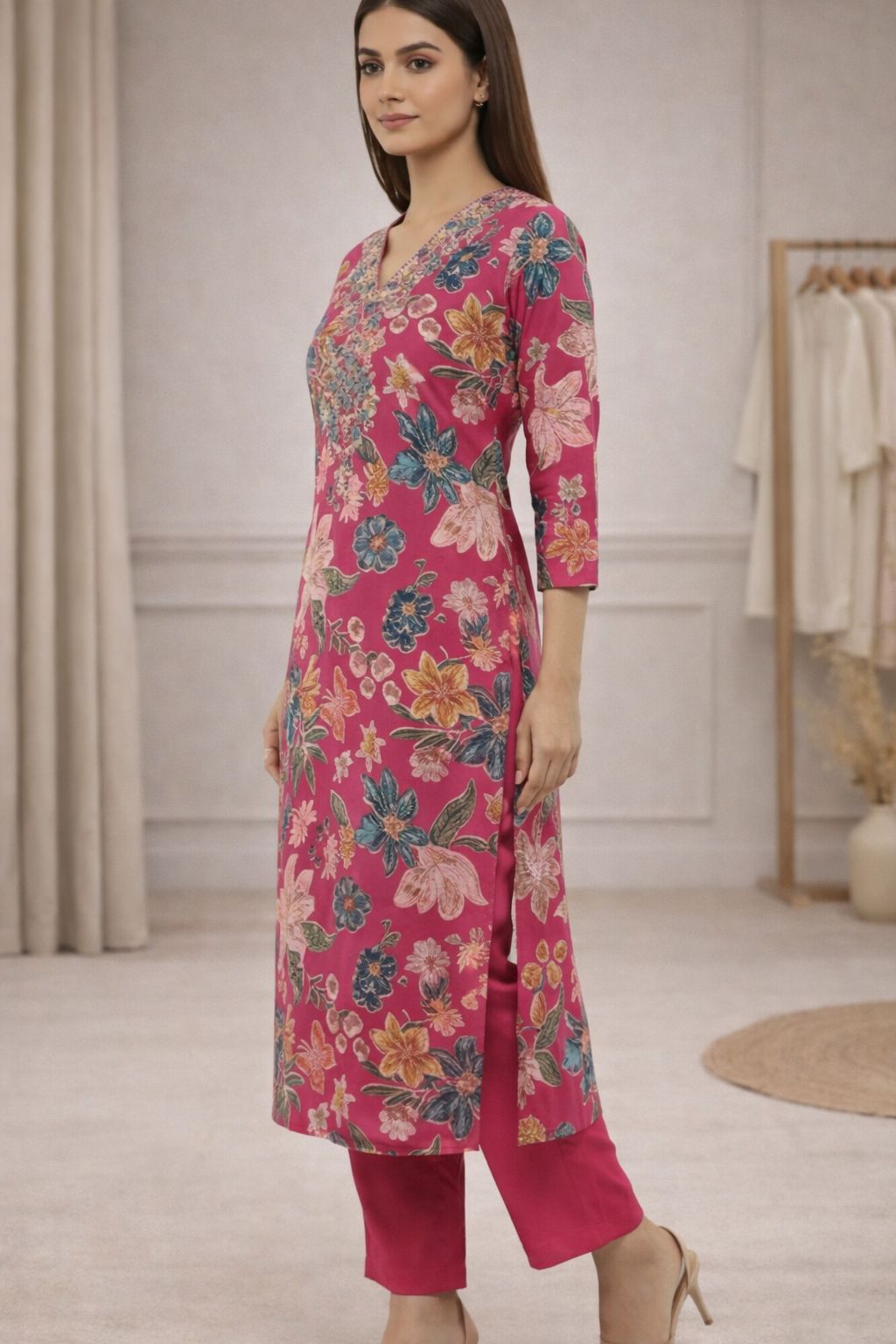 D'MAYE Magenta Floral Printed Straight Kurta Set