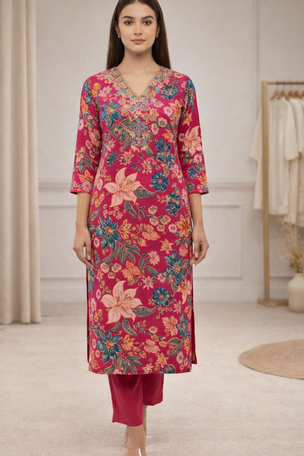 D'MAYE Magenta Floral Printed Straight Kurta Set