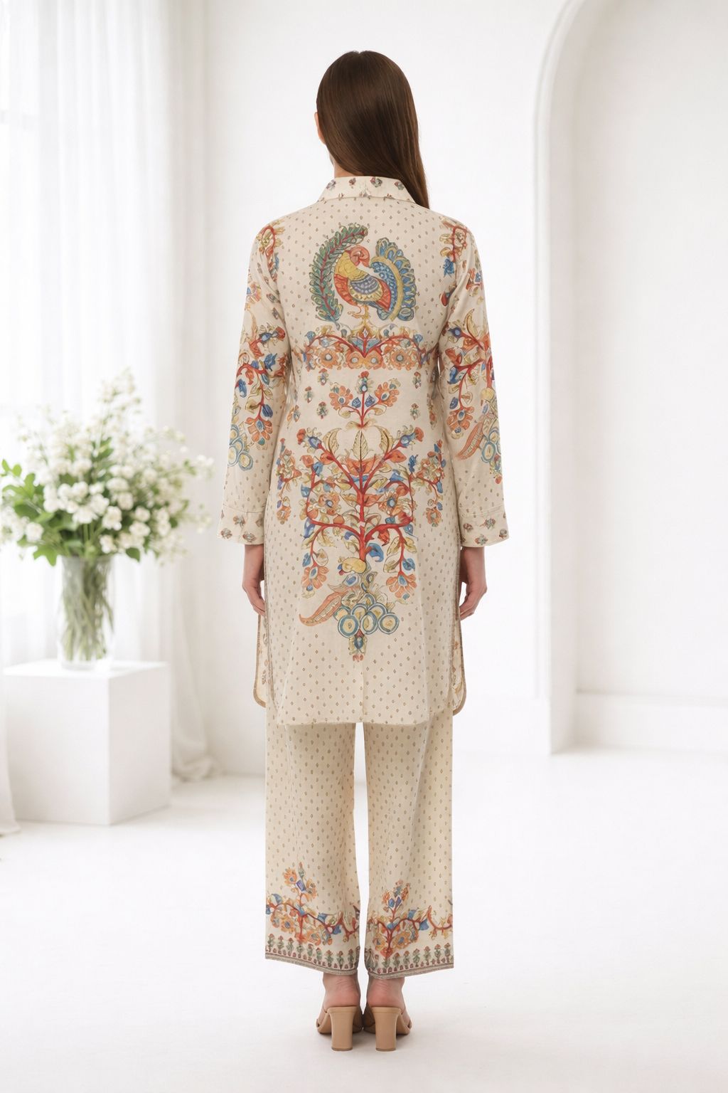 D'MAYE Beige Printed Shirt-Style Coord Set with Straight Pants | Elegant Women’s Wear