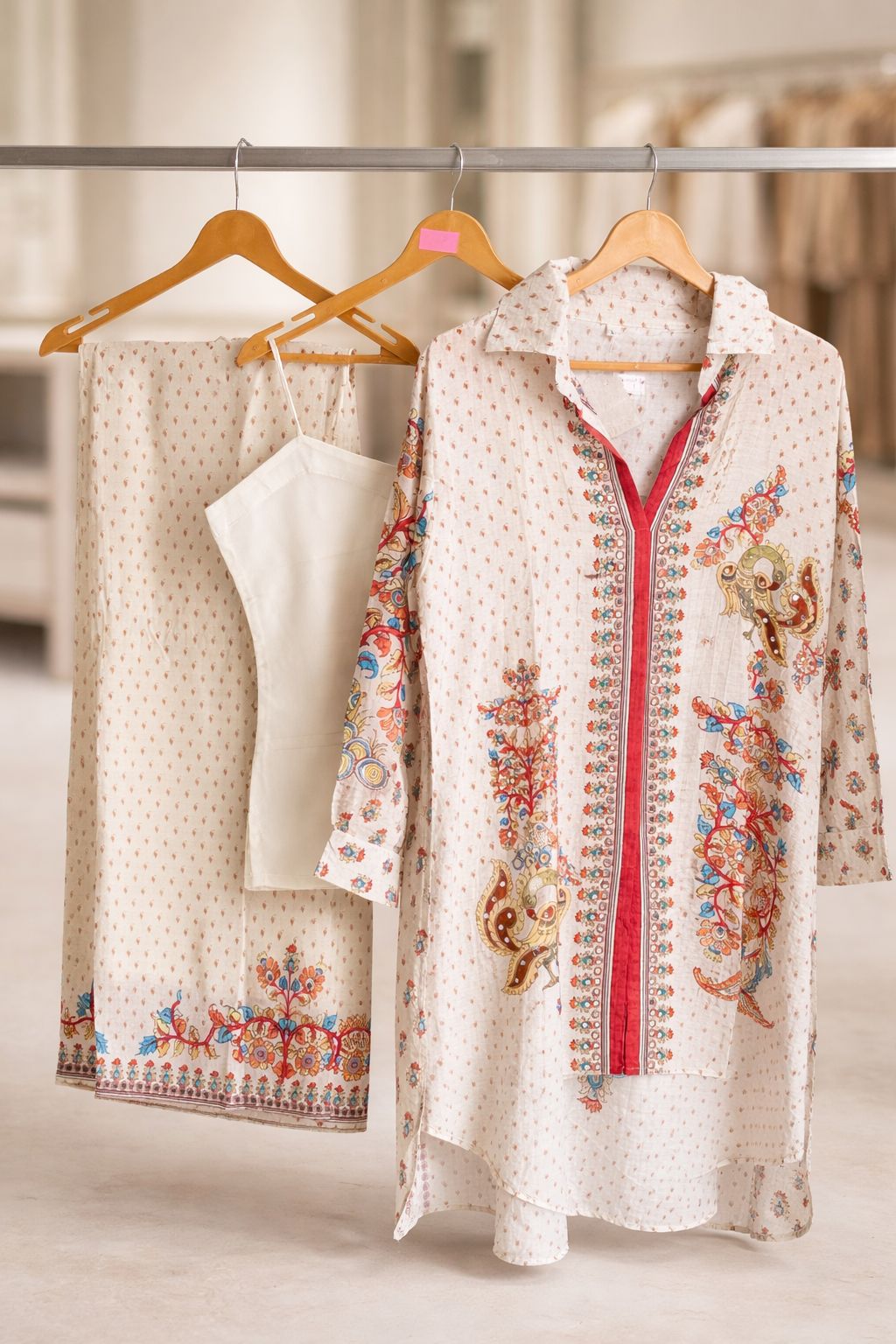 D'MAYE Beige Printed Shirt-Style Coord Set with Straight Pants | Elegant Women’s Wear