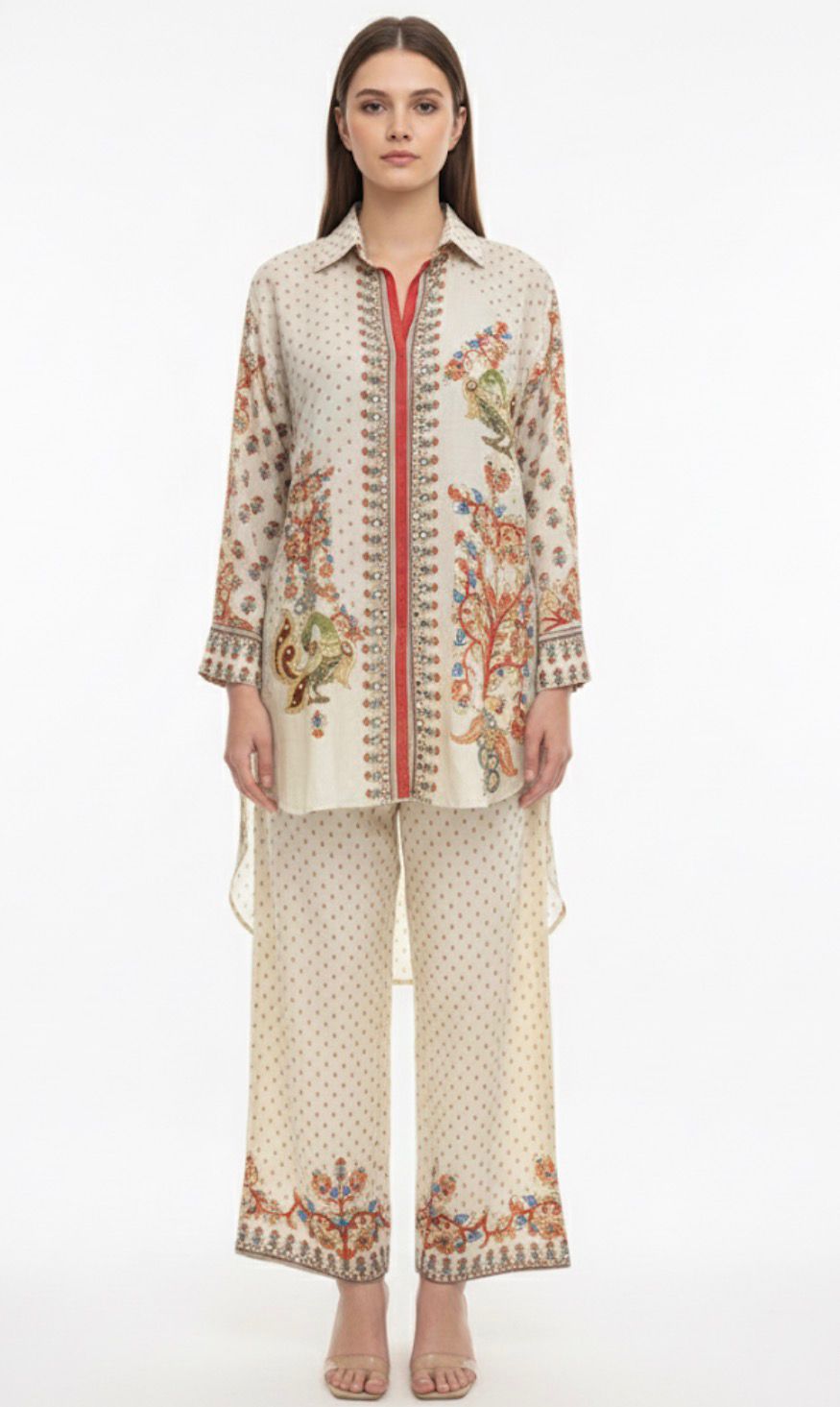 D'MAYE Beige Printed Shirt-Style Coord Set with Straight Pants | Elegant Women’s Wear