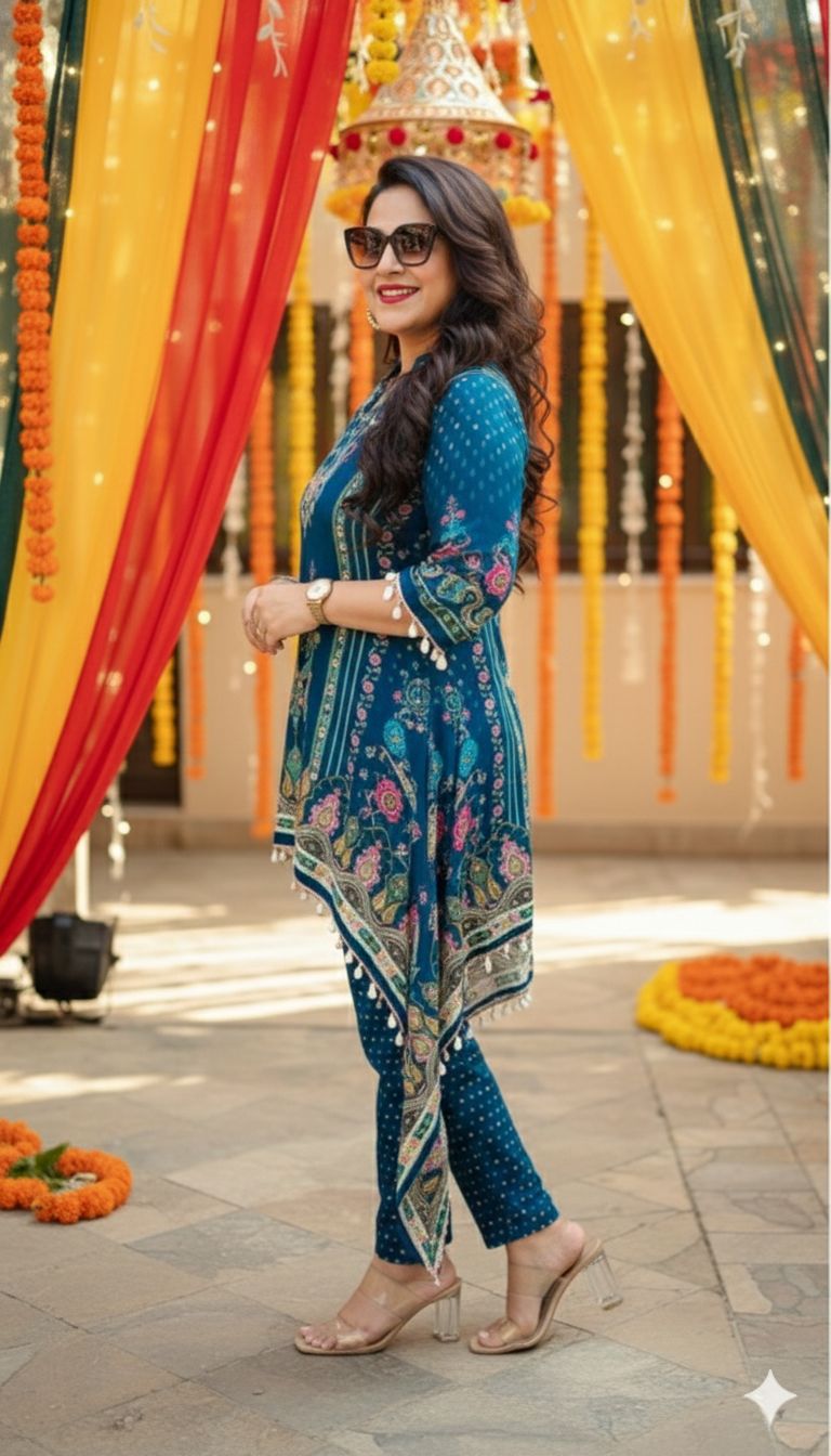 D'MAYE Teal Asymmetrical Kurta Co-Ord Set