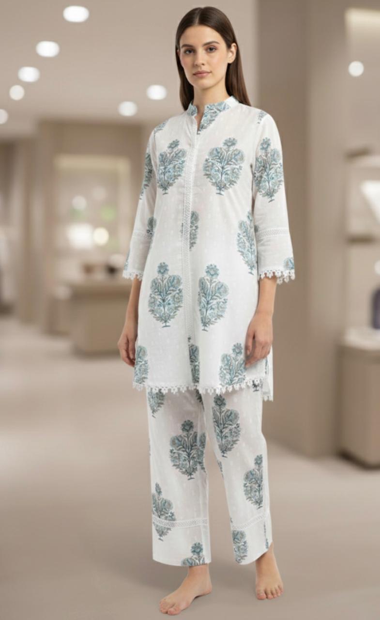 D'MAYE Ivory Blue Handblock Printed Coord Set
