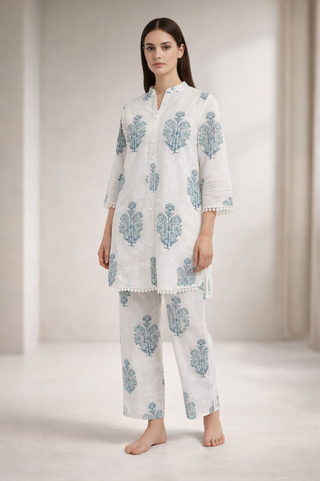 D'MAYE Ivory Blue Handblock Printed Coord Set