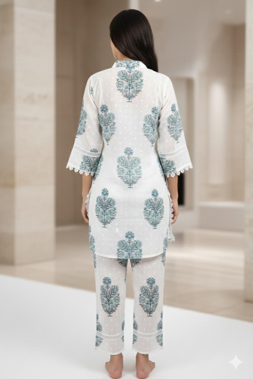 D'MAYE Ivory Blue Handblock Printed Coord Set