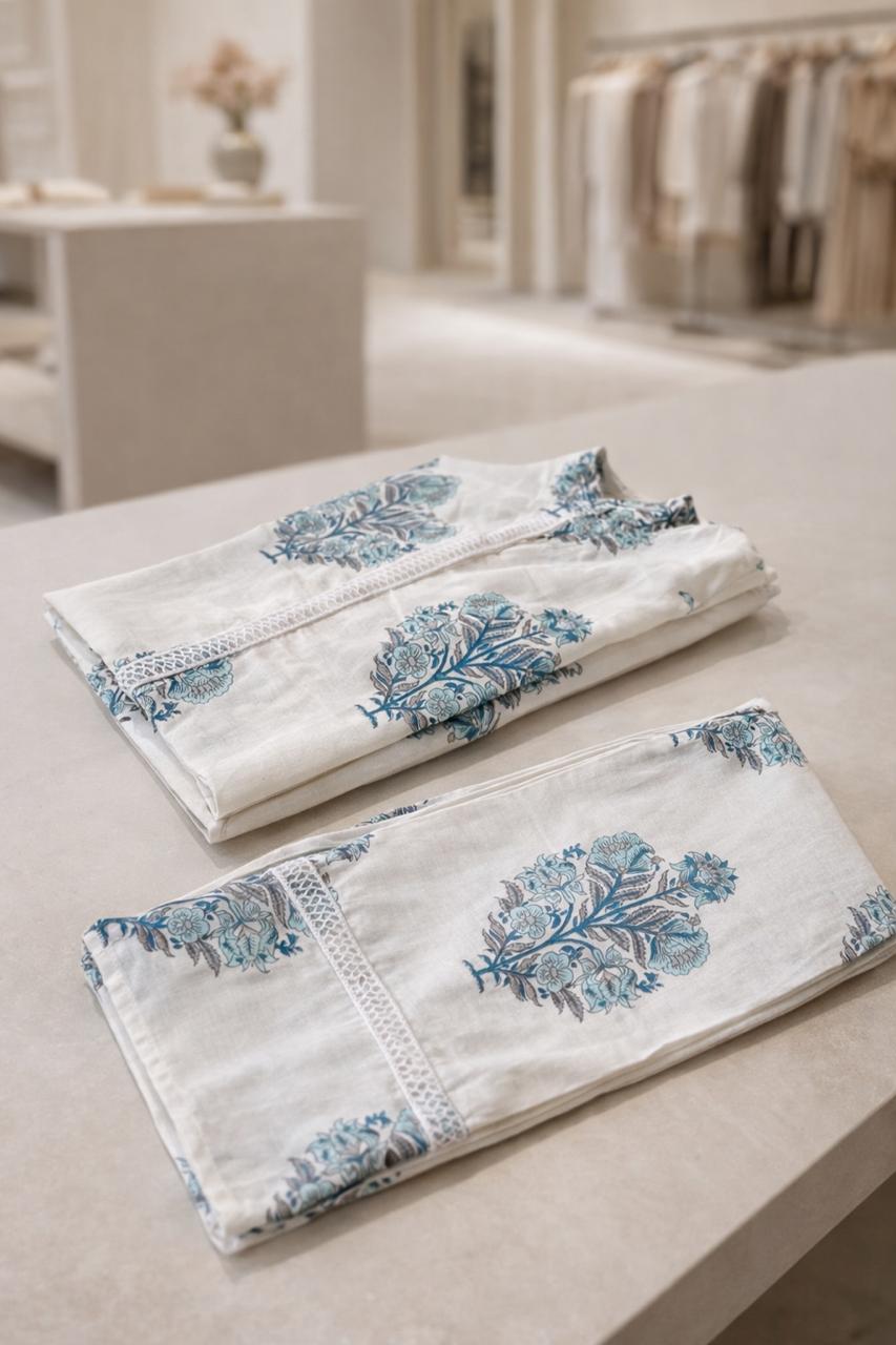 D'MAYE Ivory Blue Handblock Printed Coord Set
