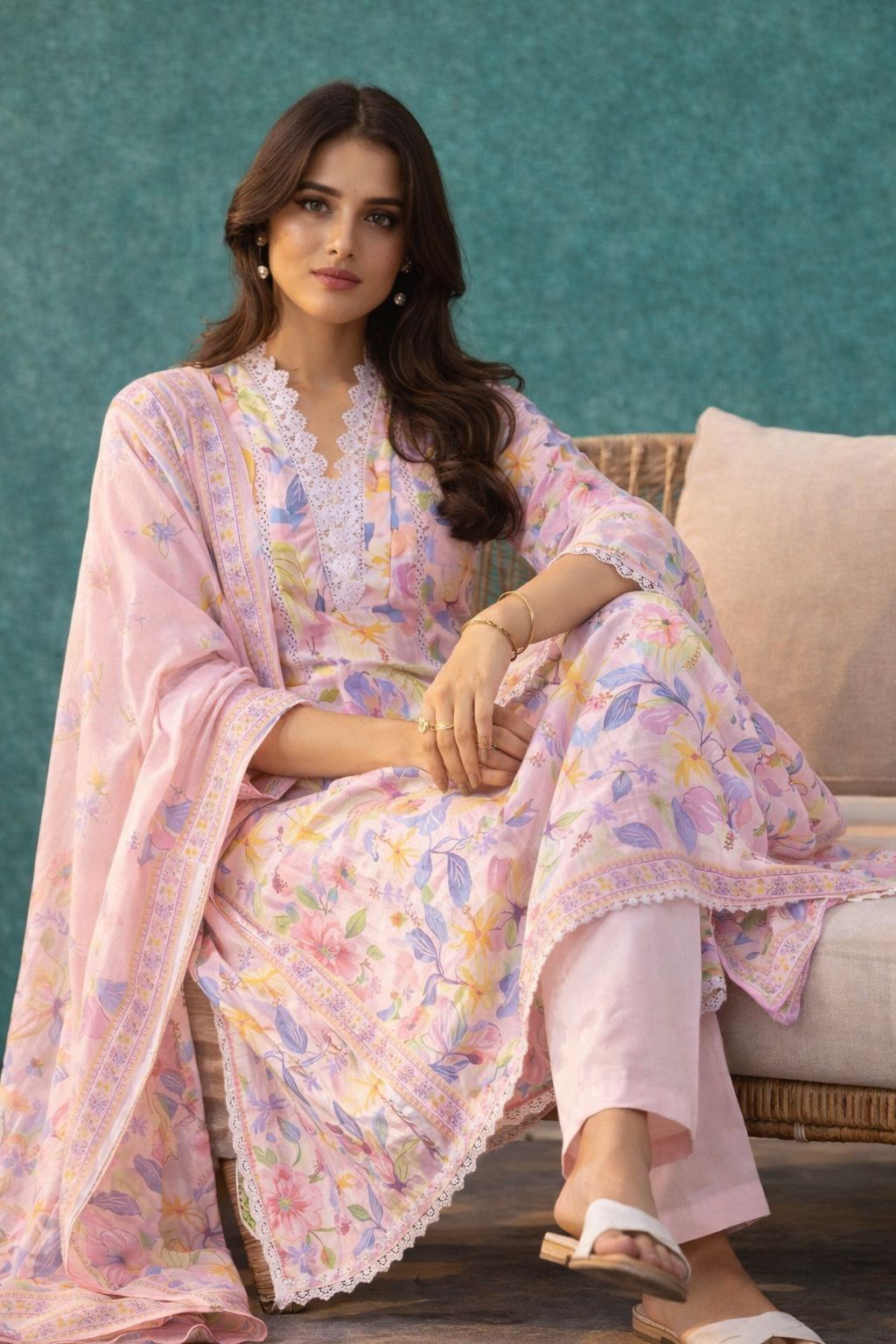 D'MAYE Pink Linen Floral Kurta Set with Dupatta