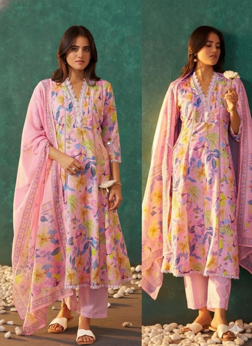 D'MAYE Pink Linen Floral Kurta Set with Dupatta