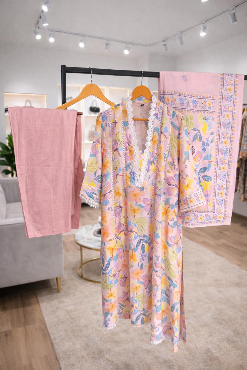 D'MAYE Pink Linen Floral Kurta Set with Dupatta