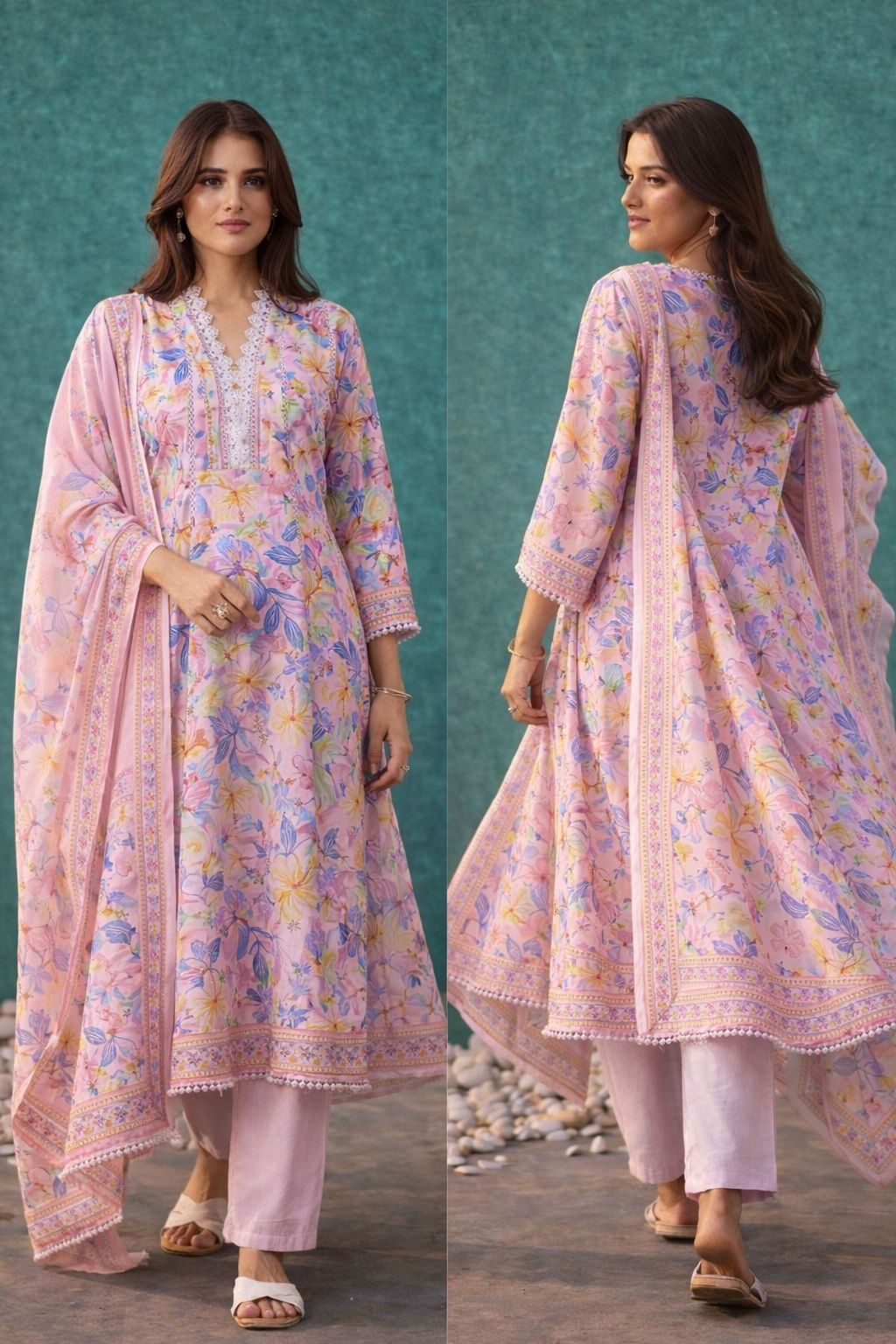 D'MAYE Pink Linen Floral Kurta Set with Dupatta
