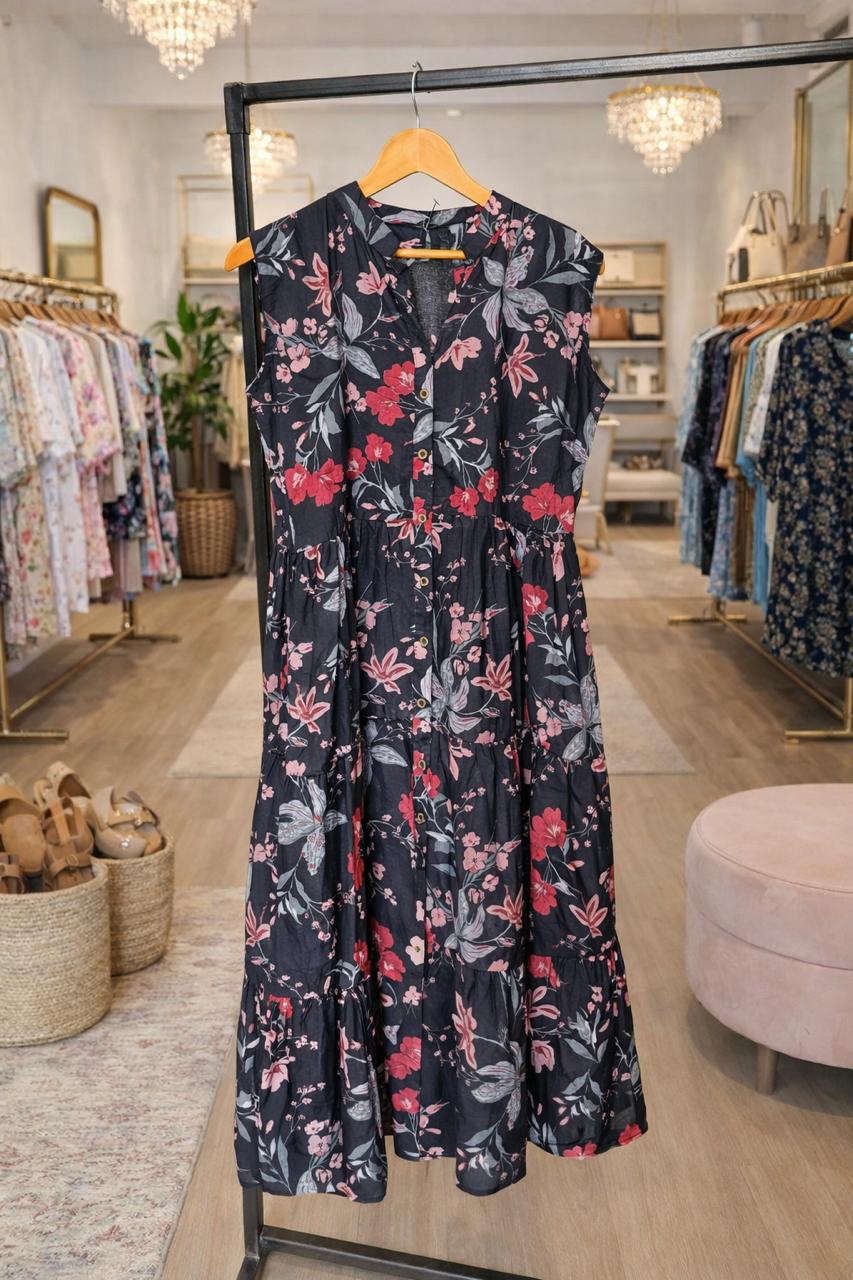 D’MAYE Midnight Bloom black Cotton Tiered Dress