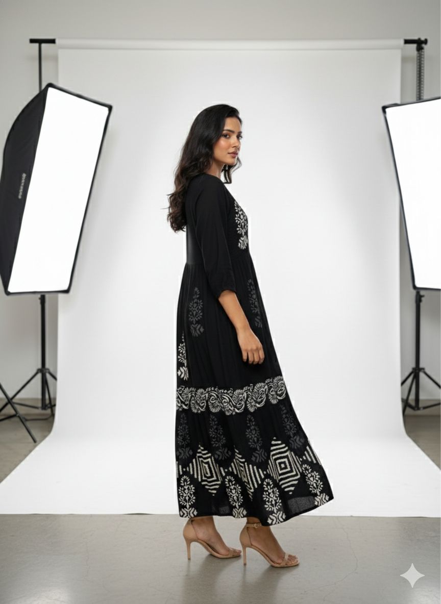D'MAYE  Midnight Ivory Printed Flared Midi Dress