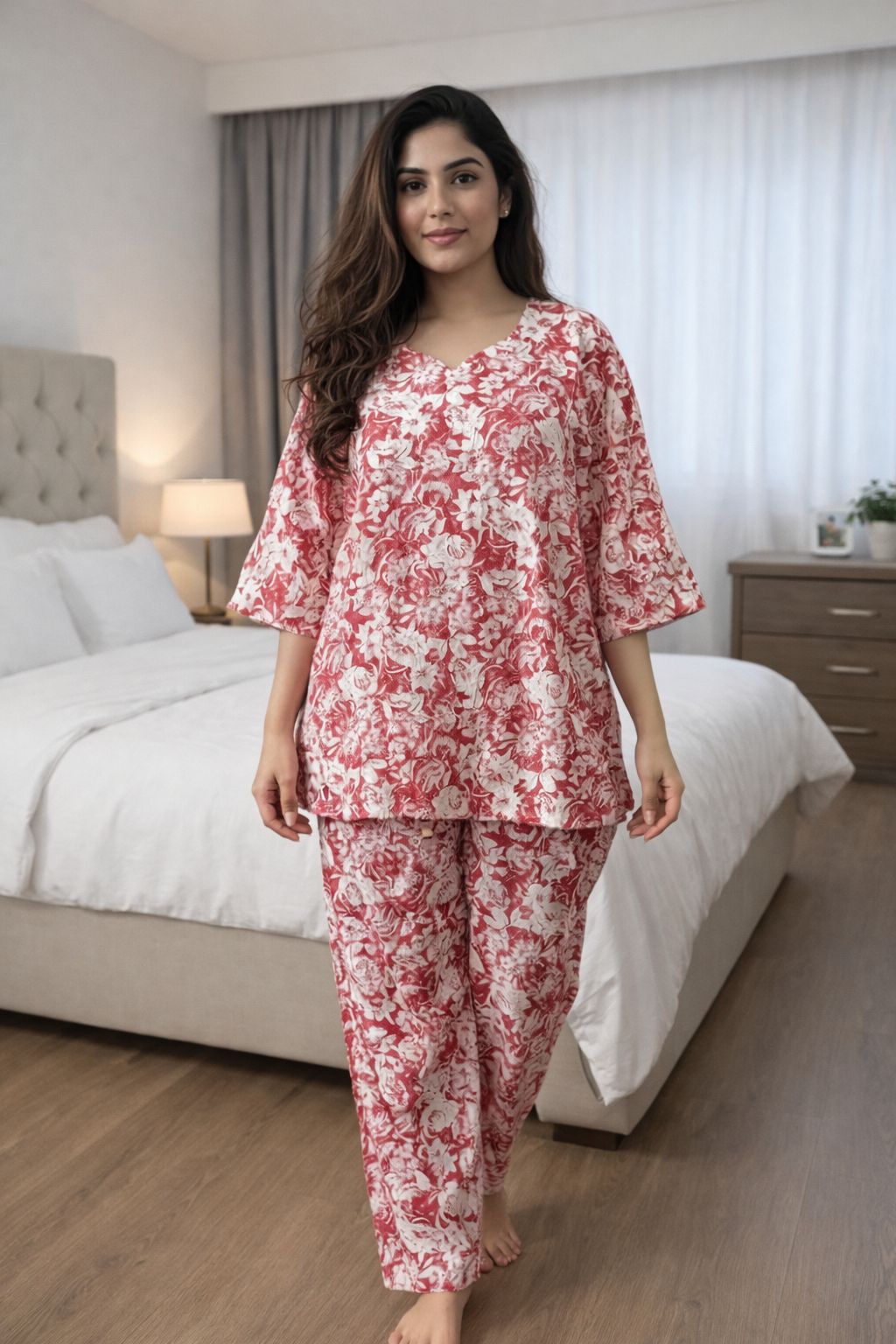 D'MAYE Red Floral Nightwear Set for Women | Plus Size 3XL–4XL Cotton Sleepwear