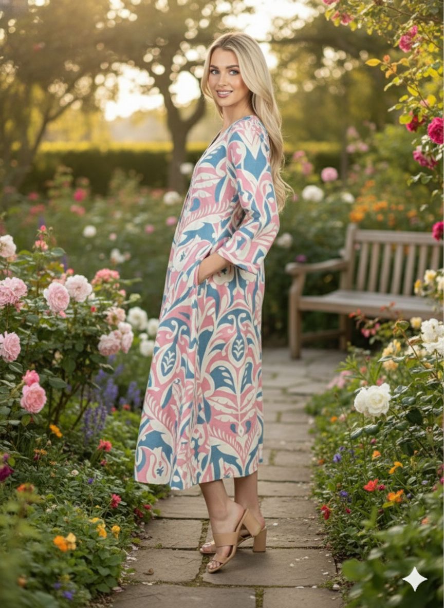 D'MAYE Blush & Teal Abstract Print Midi Dress