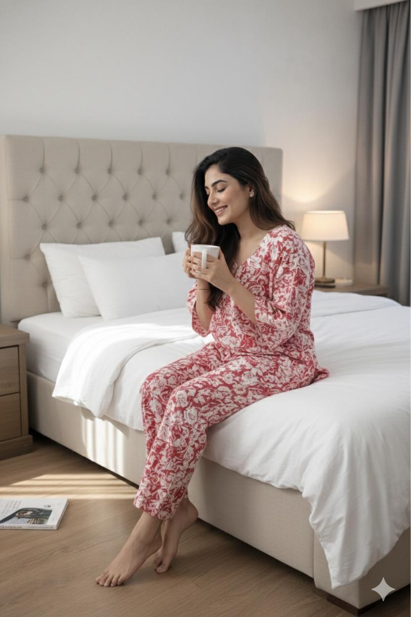 D'MAYE Red Floral Nightwear Set for Women | Plus Size 3XL–4XL Cotton Sleepwear