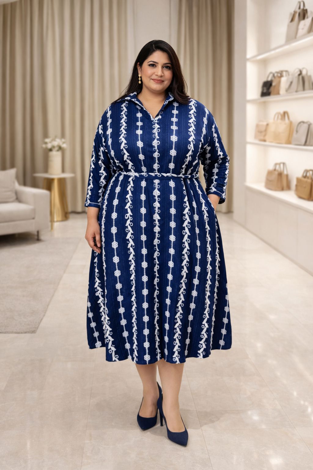 D'MAYE Indigo Ivory Belted Midi Dress