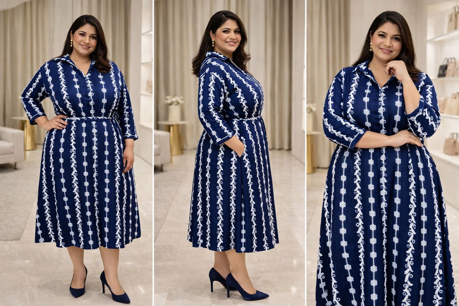 D'MAYE Indigo Ivory Belted Midi Dress