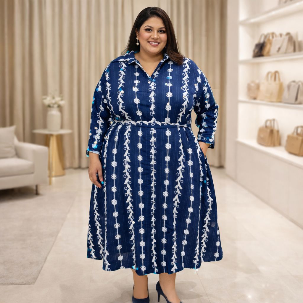 D'MAYE Indigo Ivory Belted Midi Dress