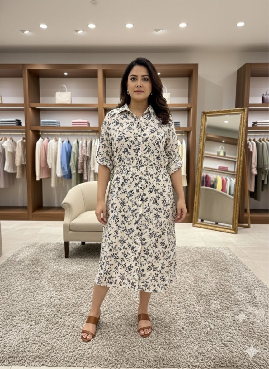 D'MAYE Ivory Bloom Printed Midi Shirt Dress