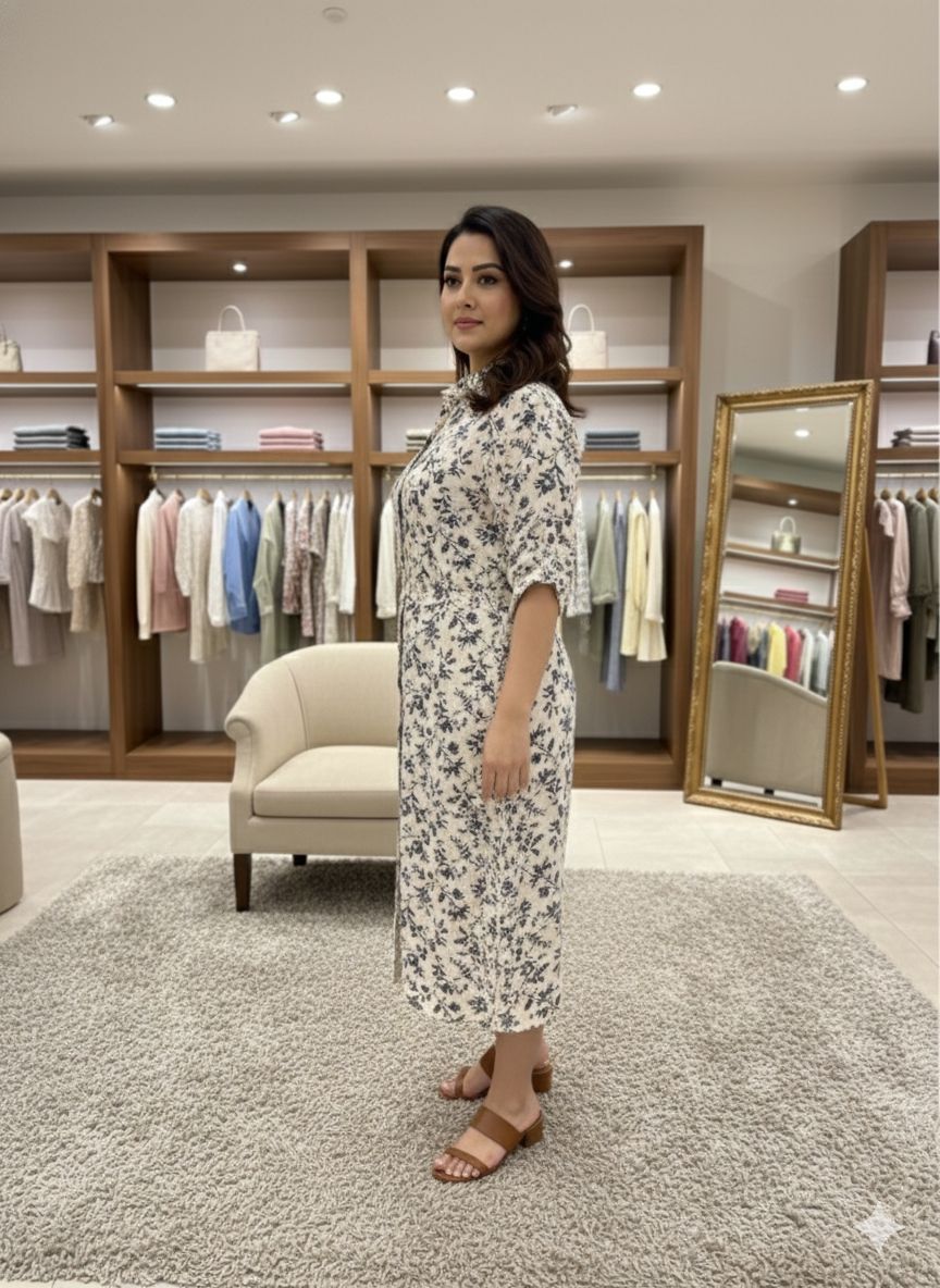 D'MAYE Ivory Bloom Printed Midi Shirt Dress