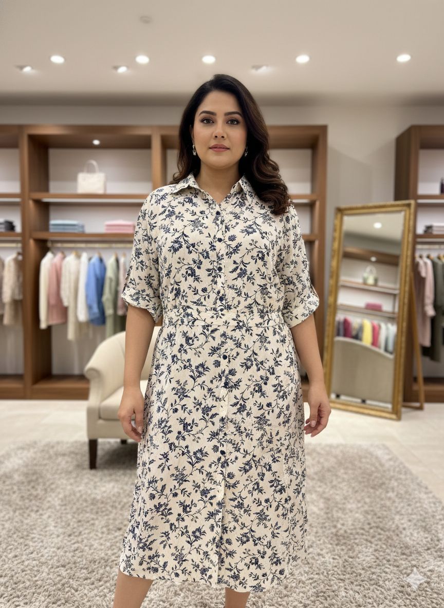 D'MAYE Ivory Bloom Printed Midi Shirt Dress