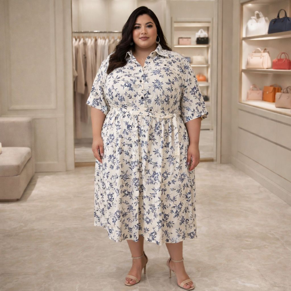 D'MAYE Ivory Bloom Printed Midi Shirt Dress
