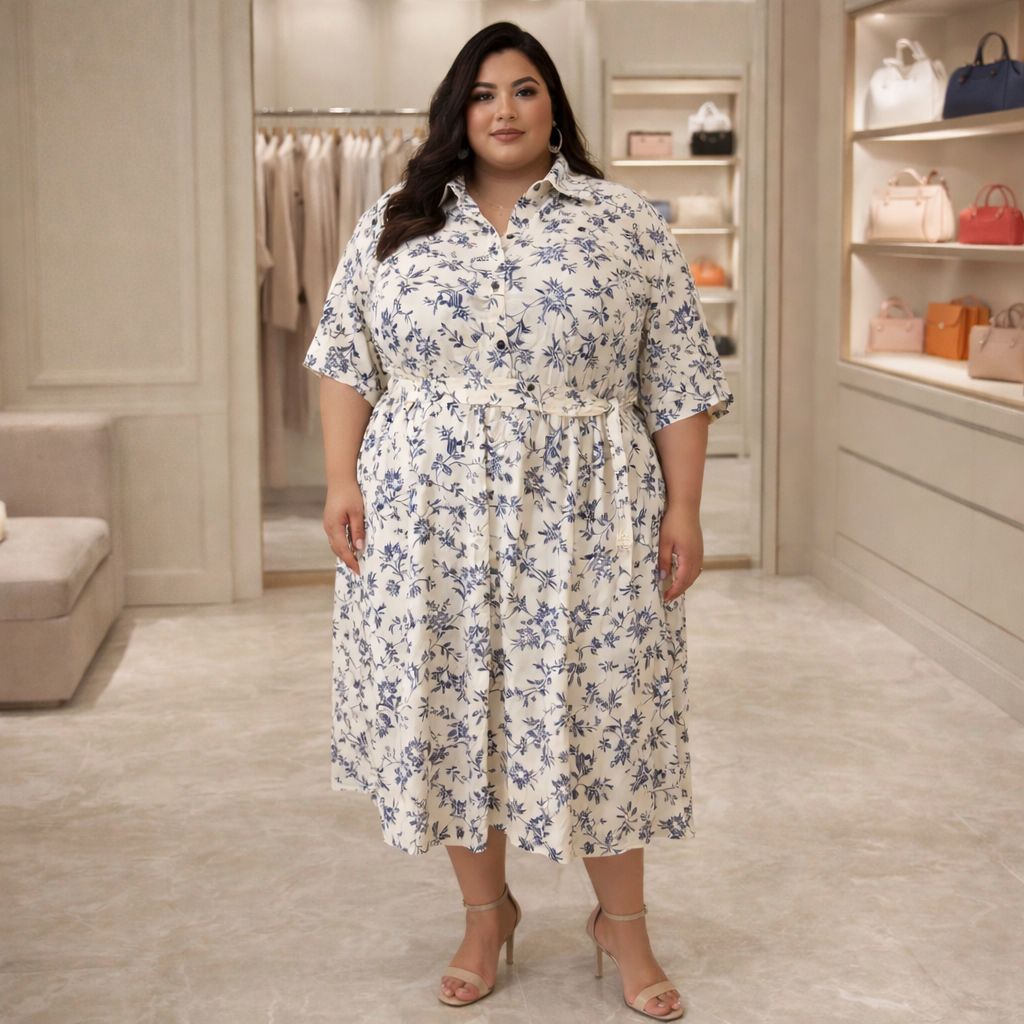 D'MAYE Ivory Bloom Printed Midi Shirt Dress