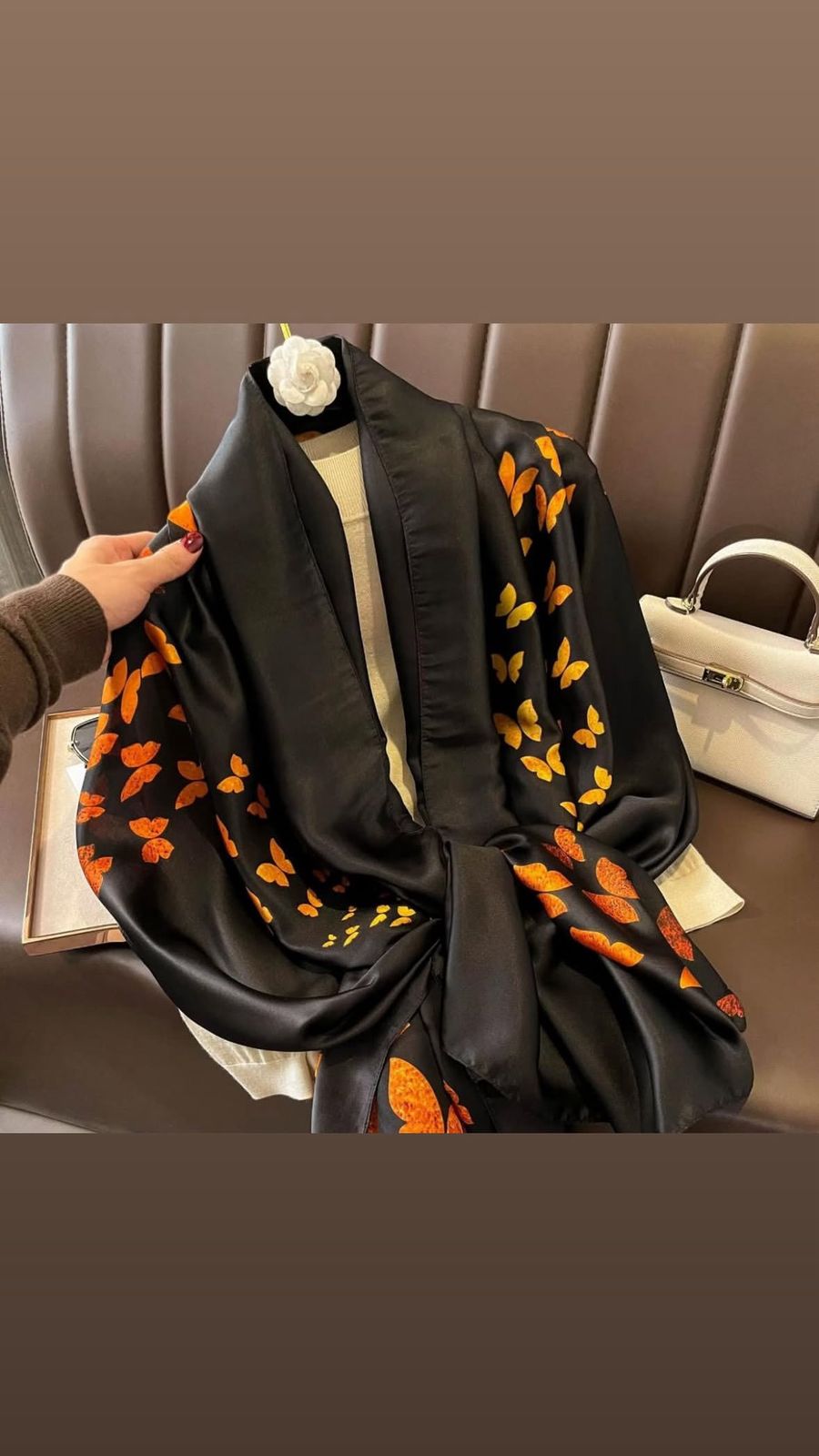 D'MAYE Black Satin Butterfly Print Scarf