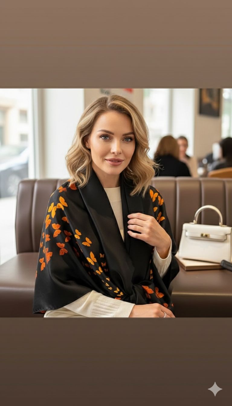 D'MAYE Black Satin Butterfly Print Scarf