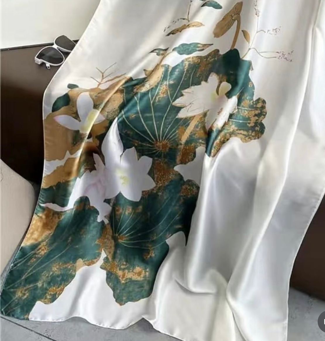 D'MAYE  Elegant Lotus Print Satin Scarf
