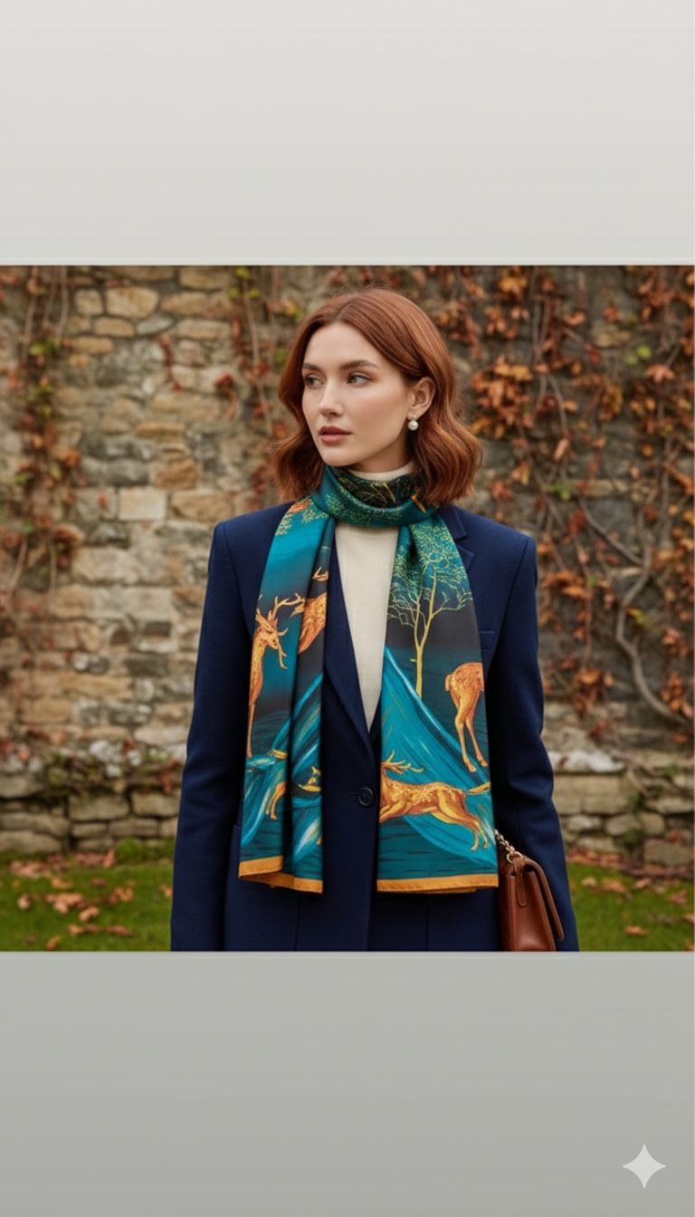 D'MAYE Emerald Wildlife Luxe Satin Scarf
