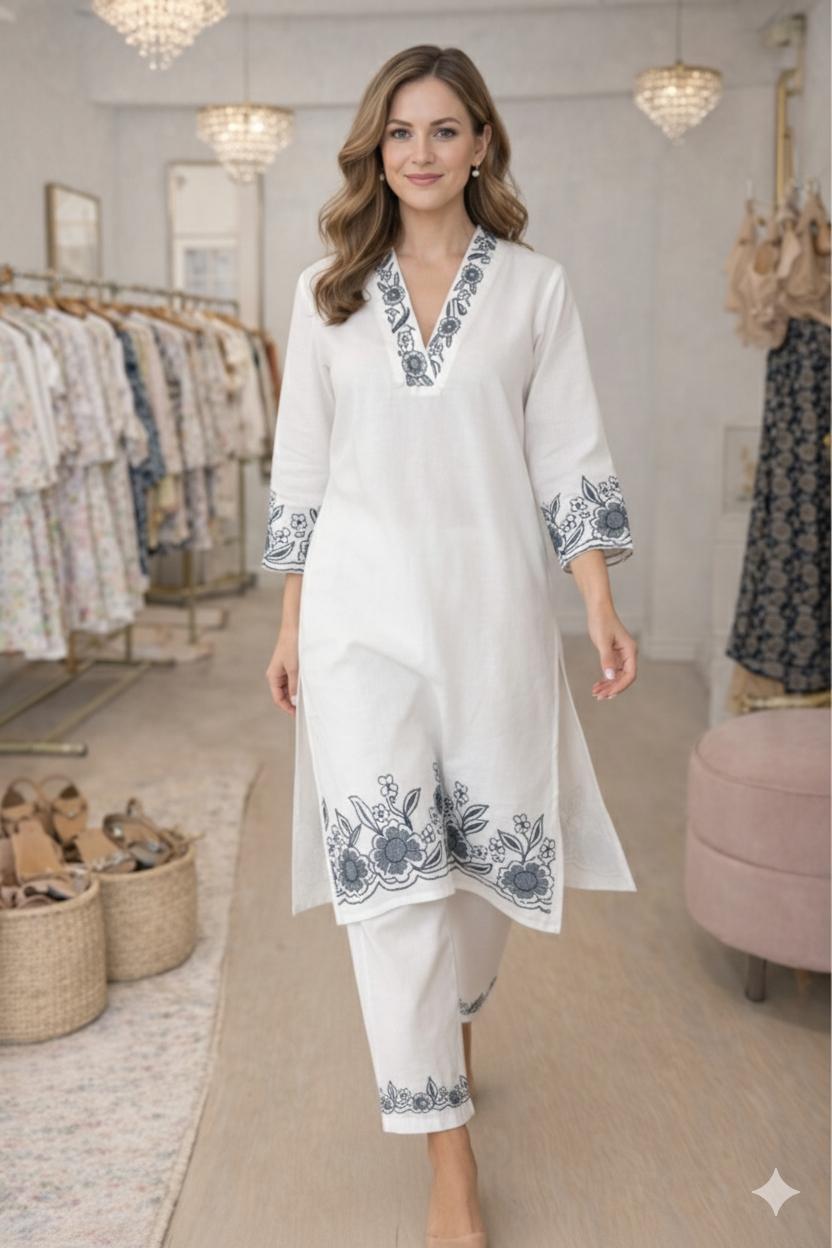 D'MAYE Ivory Grace Embroidered Kurta Set