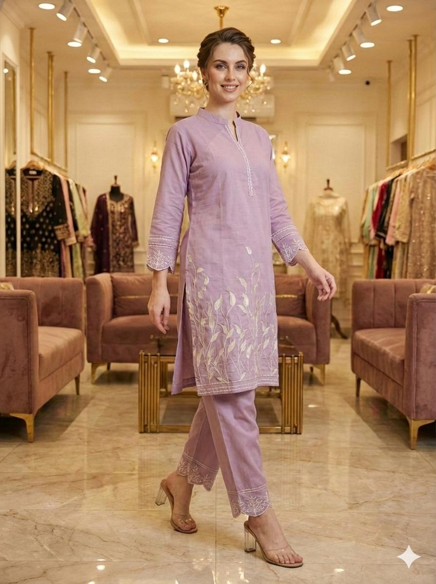 D'MAYE Lavender Whisper Embroidered Kurta Set