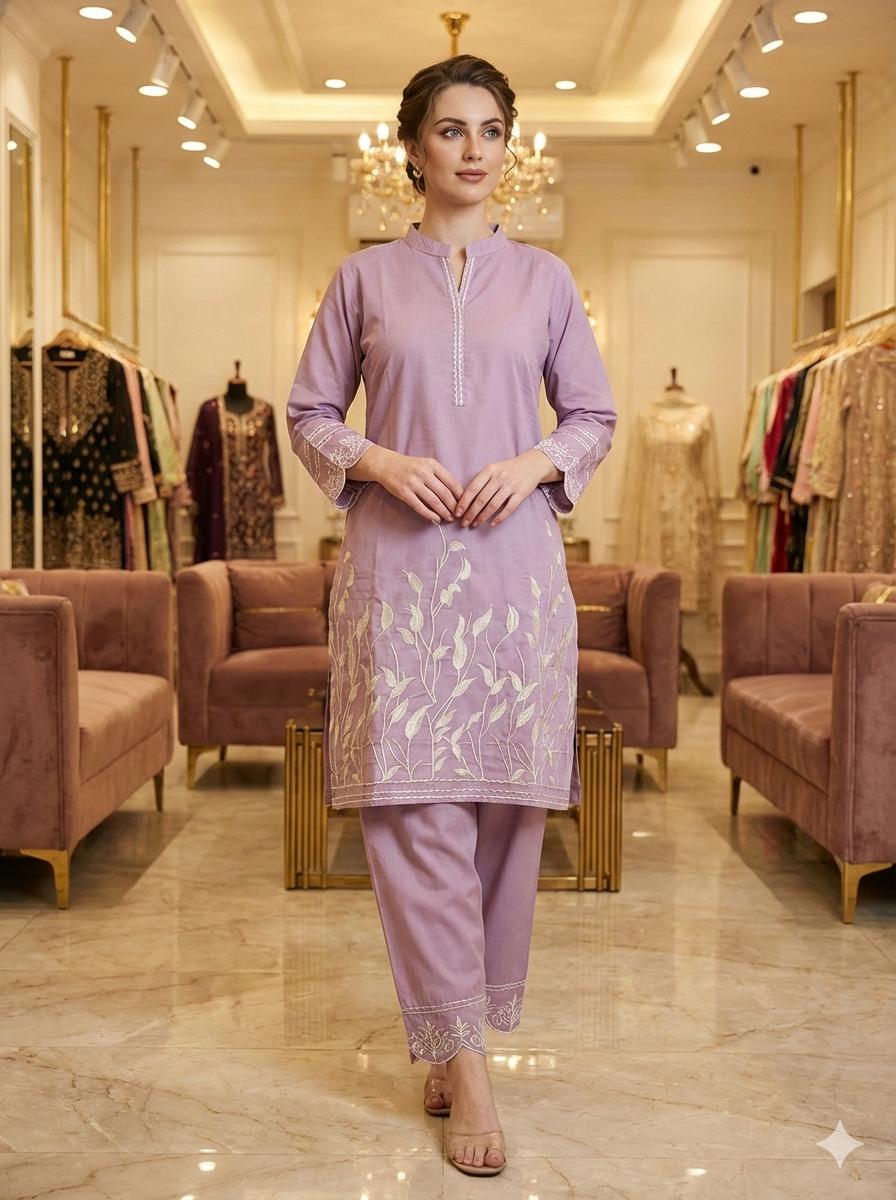D'MAYE Lavender Whisper Embroidered Kurta Set
