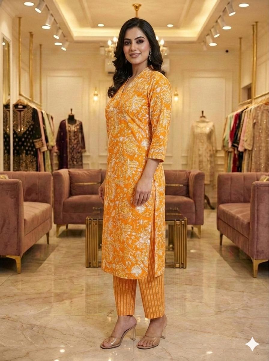 D'MAYE Warm Amber Orange with Ivory Floral Print