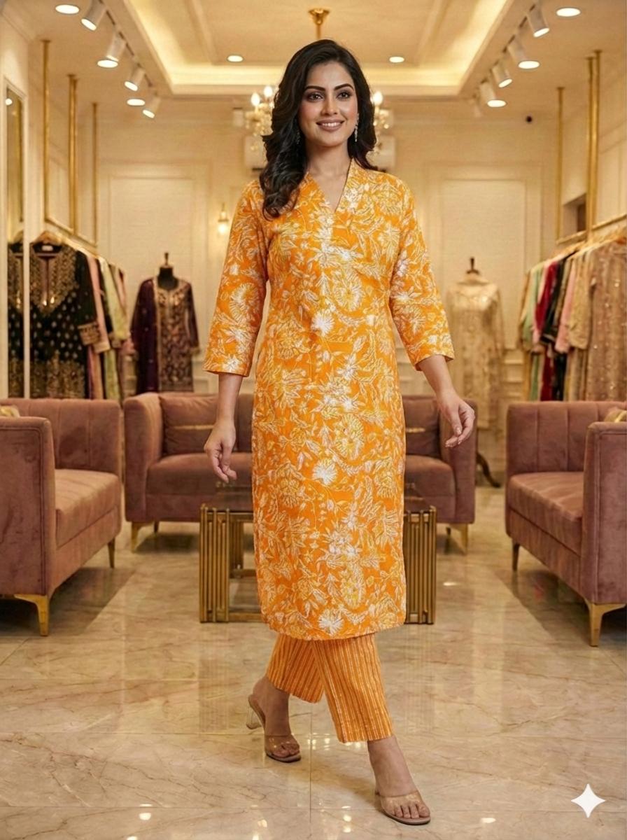 D'MAYE Warm Amber Orange with Ivory Floral Print