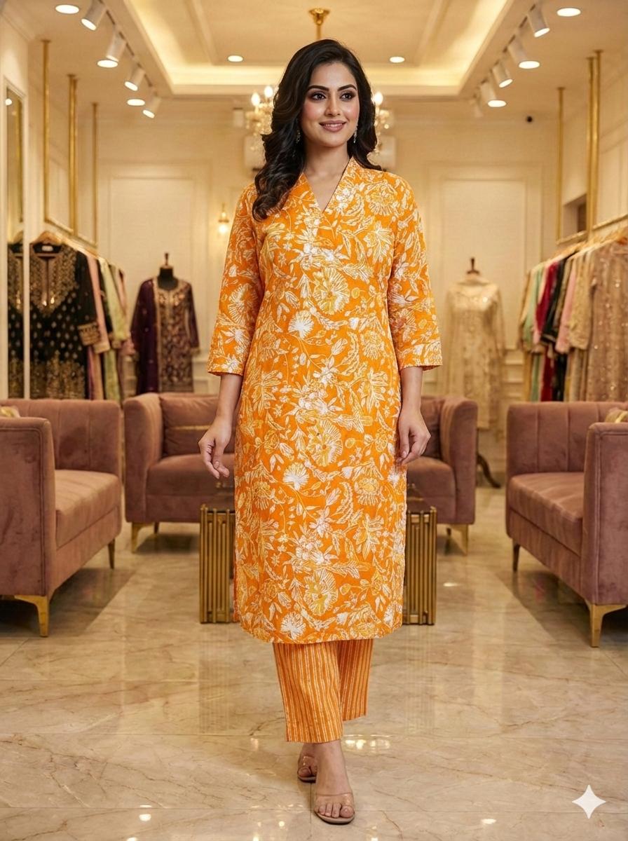 D'MAYE Warm Amber Orange with Ivory Floral Print