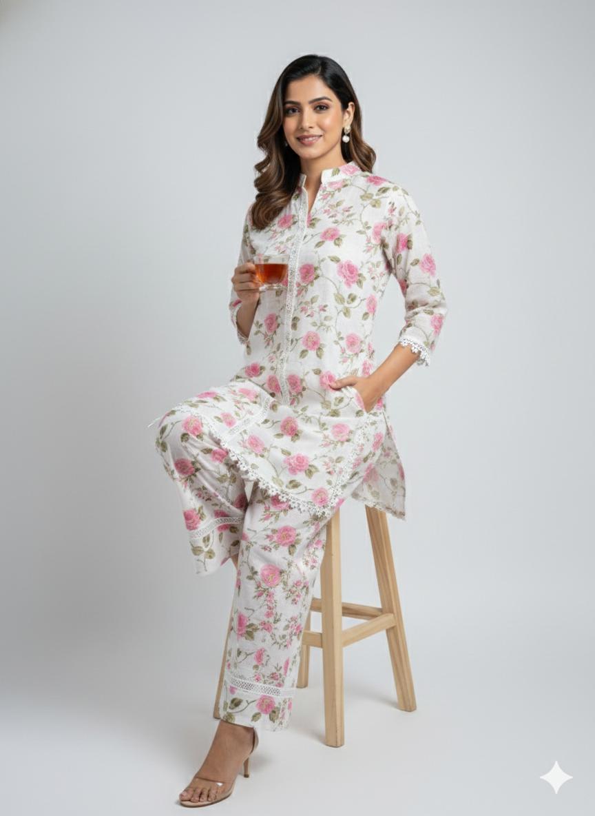 D'MAYE Elegant Floral Cotton Co-Ord Set for Women