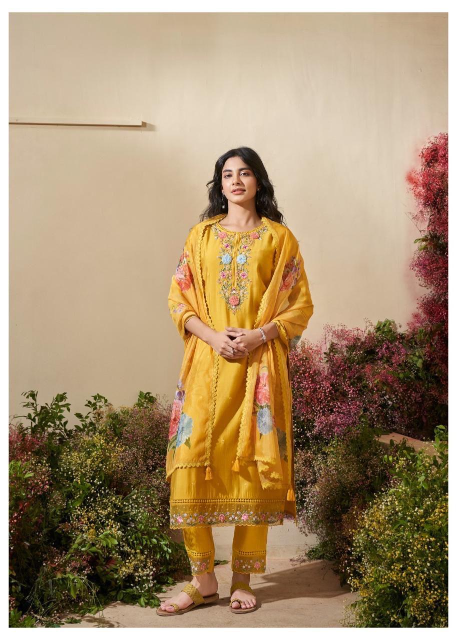 D'MAYE Pistachio yellow floral embroidered kurta pant dupatta set