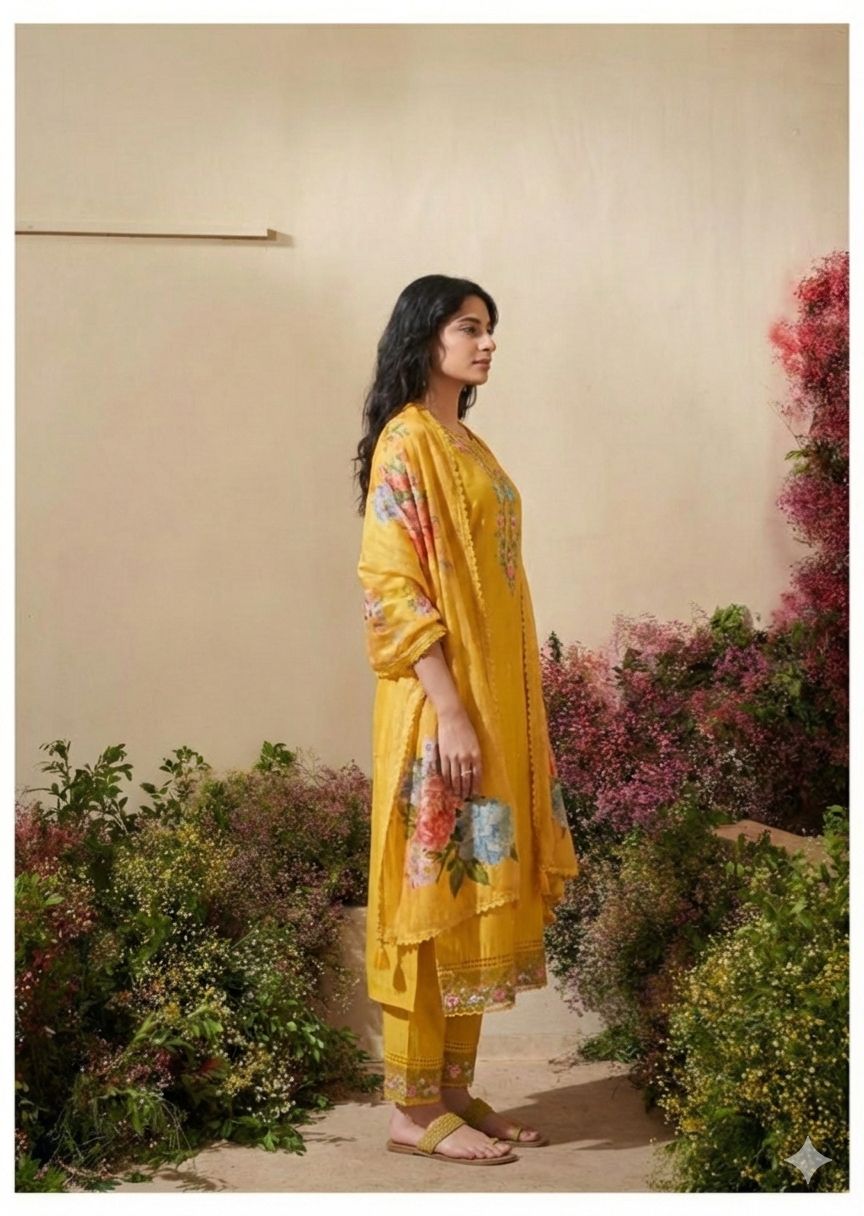 D'MAYE Pistachio yellow floral embroidered kurta pant dupatta set
