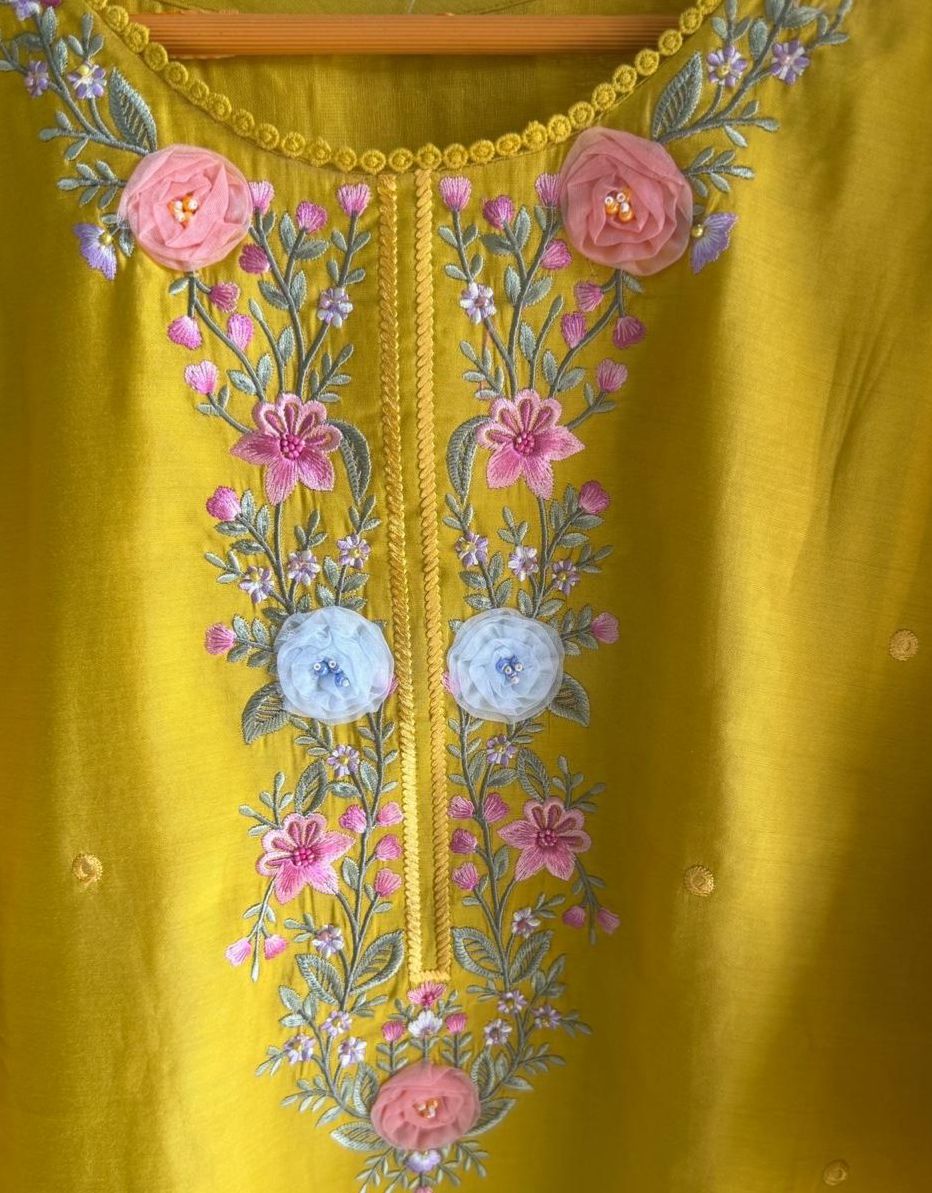 D'MAYE Pistachio yellow floral embroidered kurta pant dupatta set