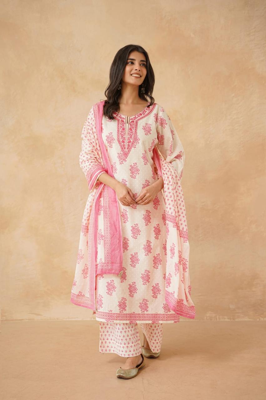 D’MAYE Pink Floral Cotton Kurta Set with Dupatta