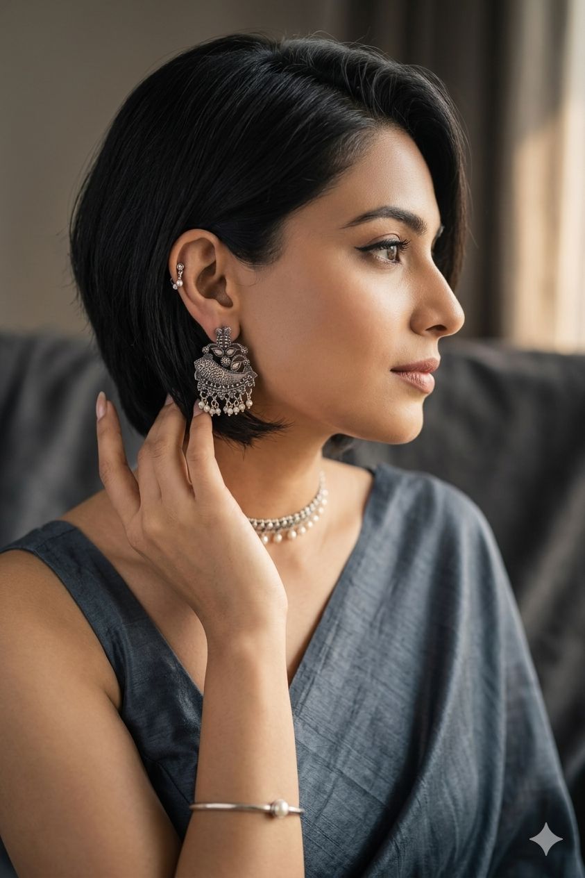 German Silver Fish Design Earrings with Pearls | Ethnic Statement Jewellery | D’MAYE