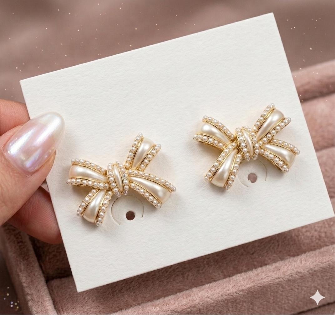 Gold Pearl Bow Earrings for Women | Elegant Minimal Jewellery | D’MAYE