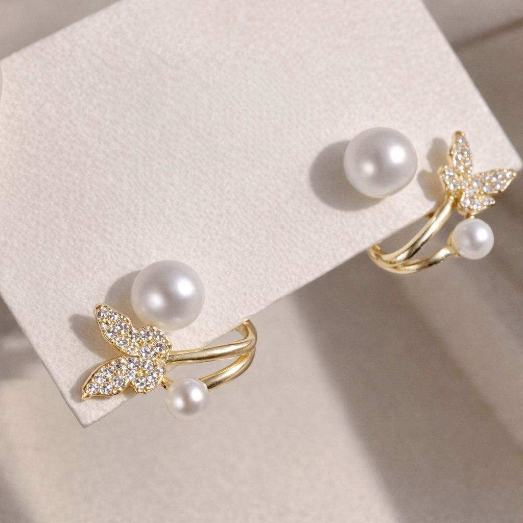Butterfly Pearl Gold Earrings for Women | Elegant Designer Earrings – D’MAYE